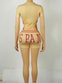 Ensemble deux pièces d'été slim de couleur unie Fallow, Top court à manches courtes imprimé col rond, short à cordon de serrage. Ensemble sport pour femmes. - Jaune citron - Voir 3