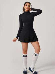 NcmRyu 1pc Women Zip-Up Mock Neck Bodysuit With Pleated Skirt & Shorts Lining, Activewear Romper - màu đen - Xem 10