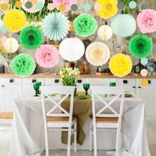 21 Pcs Hawaiian Summer Pool Party Decorations Luau Party Decorations Paper Lanterns Hanging Paper Fan Honeycomb Balls Tissue Pom Poms Flowers For Hawaiian Luau Trcal Beach Wedding Baby Shower - 粉紅色綠色黃色 - 查看 6