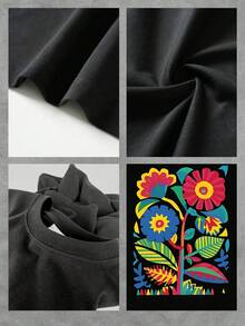 Camiseta de mujer con estampado floral vibrante, elegante camiseta de cuello redondo con patrón floral abstracto colorido, perfecta para ropa informal, tela suave y cómoda, encantadora camiseta con patrón botánico, adecuada para mujeres de gran tamaño. - Negro - Ver 4