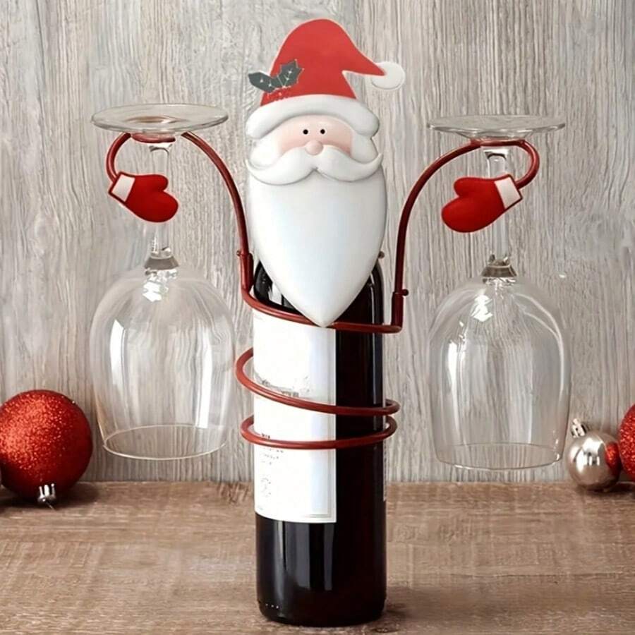 Christmas Wine Bottle & Glass Holder Set - Festive Santa And Snowman Design, Perfect For Holiday Table Decor & Gift-Giving - Multicolor - View 1