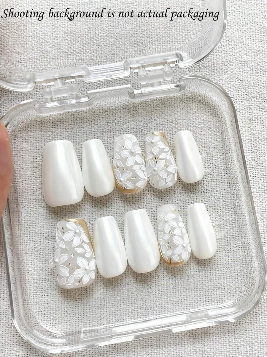 10 peças decalques elegantes minimalistas pintados à mão com pérolas em relevo, pequenas flores brancas peroladas, comprimento médio, adequados para vestidos, vestidos de noiva, vestidos de noiva - Branco - Ver 1