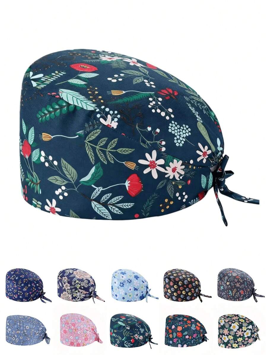1 pieza Gorra de trabajo/gorra de enfermera con estampado floral vintage para mujeres, antibacteriana y antipolvo, con correa ajustable en la parte posterior, forro absorbente, gancho para la correa de la máscara, adecuada para médicos, enfermeras, salones de belleza, clínicas veterinarias, servicios de limpieza y mantenimiento del hogar - Multicolor - Ver 1