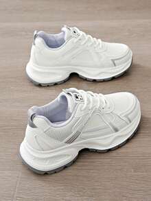 女士春秋新款休闲厚底运动鞋，网眼透气厚底一脚蹬厚底鞋，轻便百搭时尚运动鞋，系带白色/灰色休闲鞋，适合跑步，四季皆宜 - 灰色 - 查看 14
