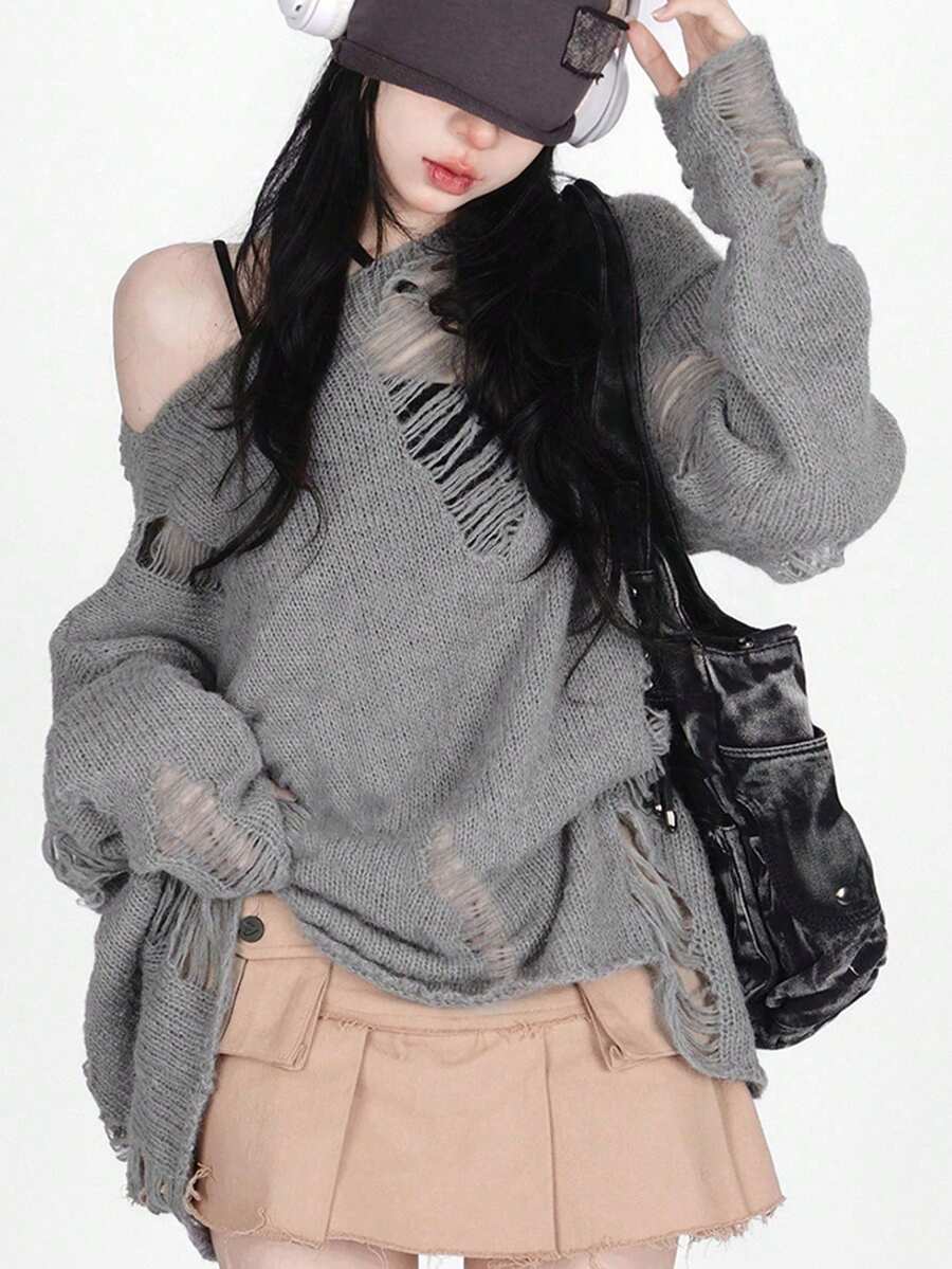 小众不对称肩部休闲宽松针织毛衣套装女秋季镂空长袖套头衫 - 灰色 - 查看 1