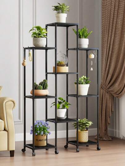 1pc Multi-Tier Movable Indoor Plant Stand, Black With Wheels, Balcony Shelf, Living Room Floor-Standing, Succulent, Pothos Planter Rack, Multifunctional Plant Storage Shelf, Modern Minimalist Design