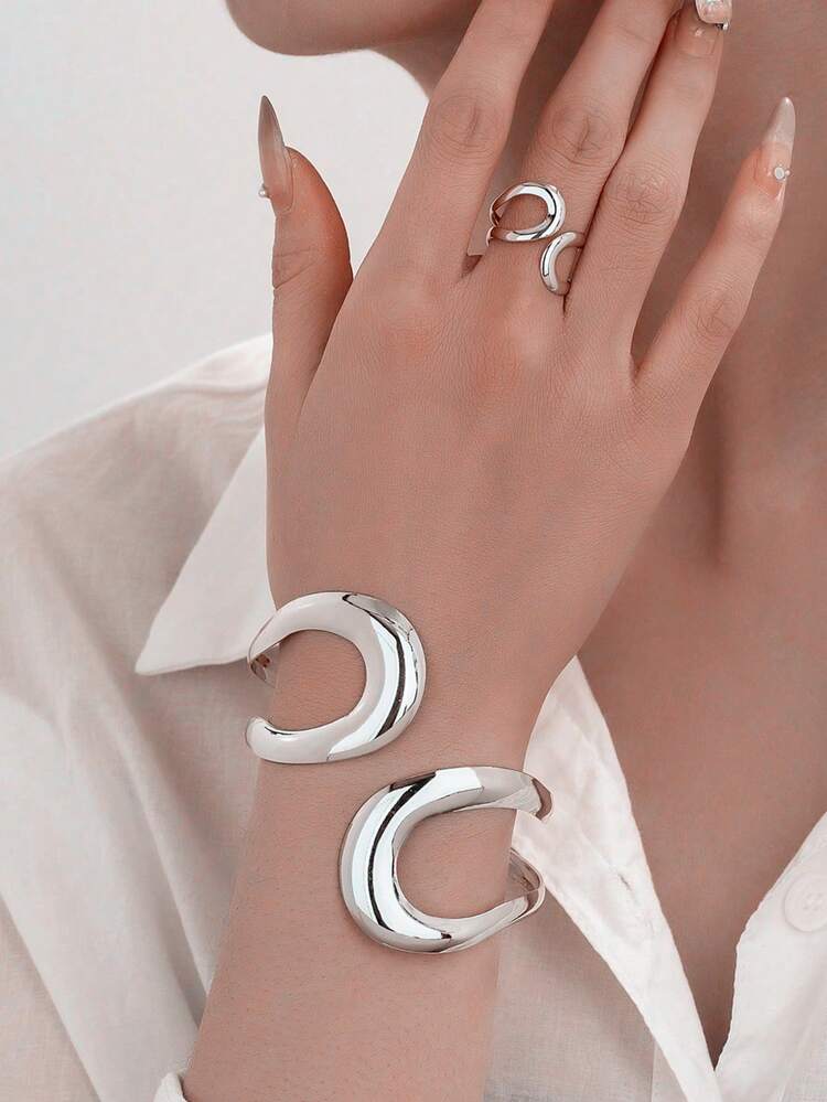 1 Set de Anillos y Pulsera Geométricos Huecos para Mujer - Plateado - Añade 5