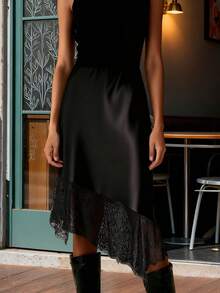 Women Silk Satin Half Slip Long Skirts Lace Patchwork Elastic Waist Long Skirt Elegant Silky Flowy A Line Midi Skirts - màu đen - Xem 6