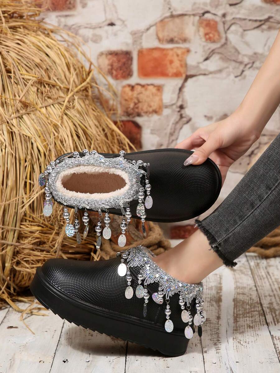 Botas de neve femininas de lã com detalhes em strass e forro de PU