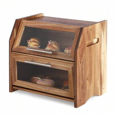 2 Tiers Bread Box With Metal Handle, Natural Acacia Wood Bread Boxes For Kitchen Counter