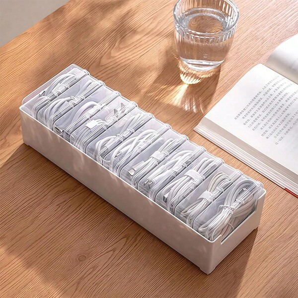 1 Sst Desktop Charging Cable Organizer, PP Material Cable Management Box, With Power And Data Storage, Suitable For Mobile Devices In Homes And Offices. Charging Cable Winding Device For Organizing Your Cables: Organizing Your Cables: Plastic Cable Management Box With Multiple Compartments For Storing Data Cables, Chargers, And Adapters