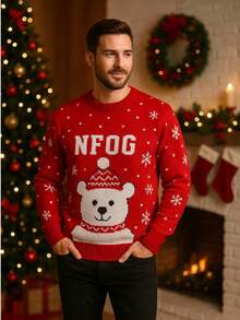 NAVIDAD Suéter Navideño de Oso Adorable con Gorro para Hombre Caballero para Epocas Navideñas Christmas Acogedor Uglysweater Lindo Tierno - Rojo - Ver 4
