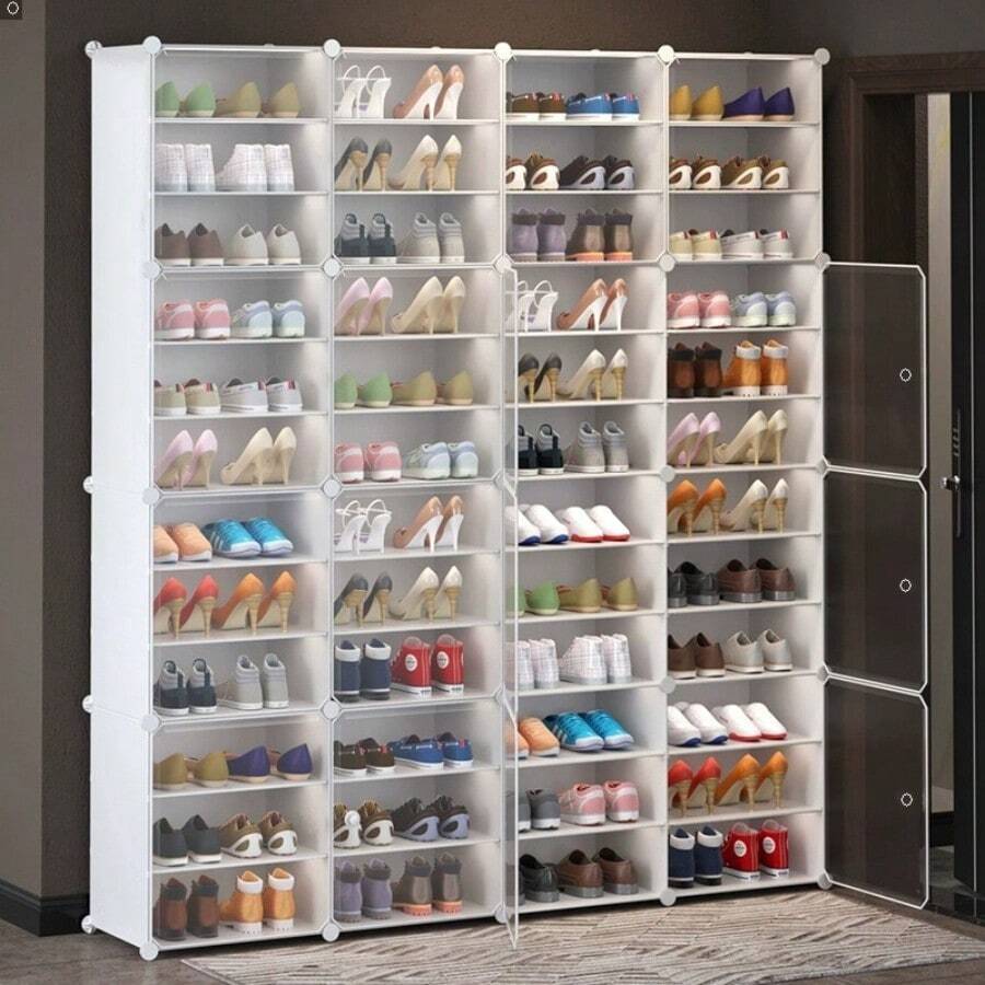 Shoe Rack Organizer, 12-Tiers Stackable 48/72/96/120 Pairs DIY Plastic White Shoe Rack With Covers, Clear Shoe Boxes Stackable Slipper Organizer, Modular Shoes Organizer Expandable - 白色 - 查看 1