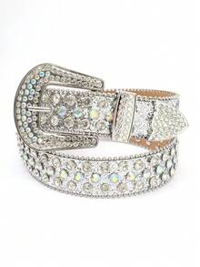 1pc Solid Color Crystal Studded Belt, Shiny Punk Hip-Hop PU Leather Belt Dresses Old Money Vintage Autumn/Fall Urban Outfit Classic Christmas Winter Fashion Daily Men Boyfriend Gift - 銀色 - 查看 4