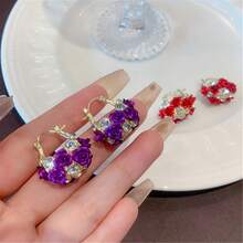 2pcs Creative Rose Earrings Fashionable, Simple And Versatile Couple Gift Women's Fashion Jewelry - 紅色 - 查看 9
