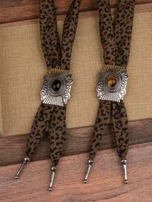 1pc Unique Design Bolo Tie With Leopard Print Ribbon, Gemstone Inlaid Geometric Alloy Pendant Long Necklace