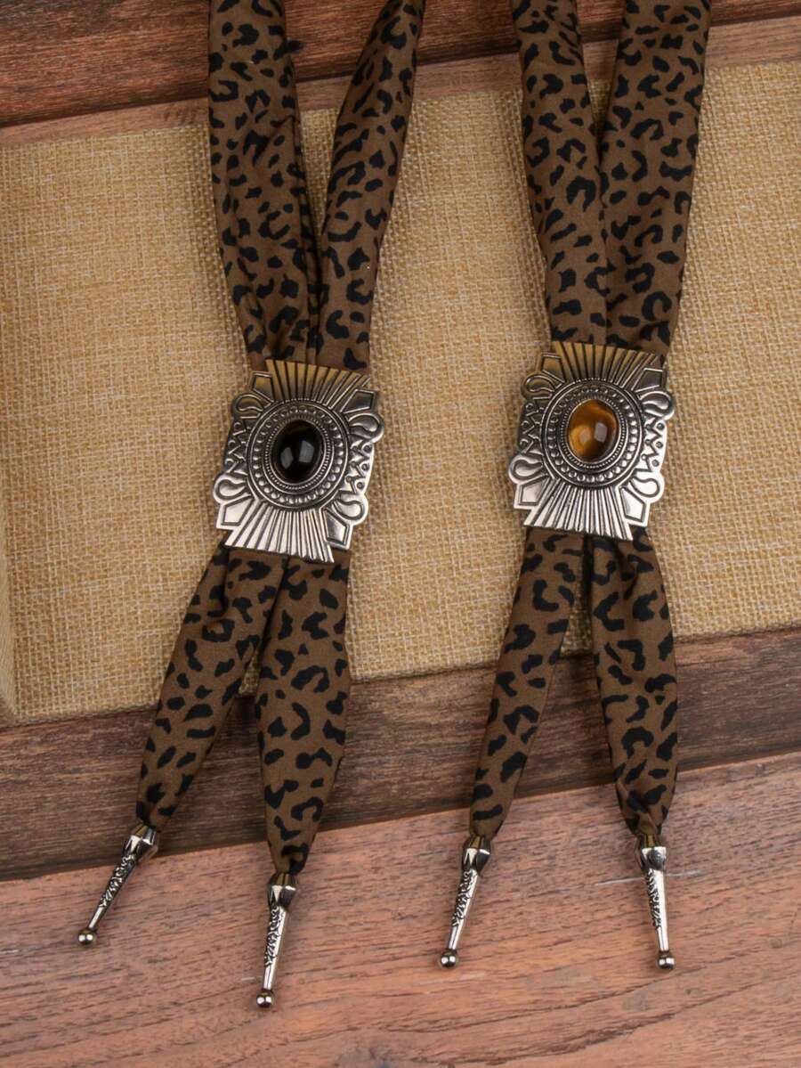 1pc Unique Design Bolo Tie With Leopard Print Ribbon, Gemstone Inlaid Geometric Alloy Pendant Long Necklace