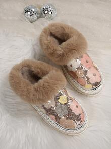 2025 Autumn/Winter New Fashion Short Snow Boots, All-Match One-Push Furry Thick-Sole Outdoor Boots With Full Rhinestones - Silver - View 2