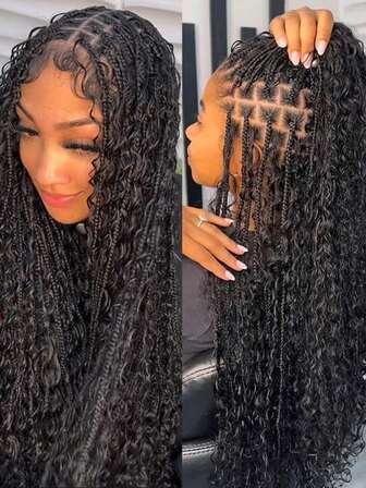 A ANYTIME Boho Box Braided Peruker Lockigt Hår Syntetiska Helspets Peruker För Kvinnor Gudinna Locs Flätad Peruk Vinröd Bohemisk Box Braid Peruk
