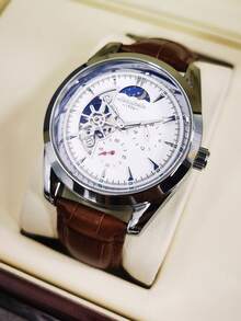 AOKULASIC 1pc Business Skeleton Automatic Mechanical Watch For Men Luminous Hands Leather Strap Fashion Casual Tourbillon Men Watches Gifts With Box - White - View 2