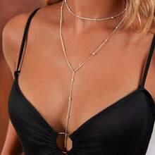 Luxval Lariat Gold Necklace For Women, Dainty Long Necklace 14k Gold Plated/Silver Y-Shaped Pendant Necklaces  Beaded Chain Drop Necklaces Jewelry For Women Gifts{"Color_name":"Silver-YLayeredBeadNecklace"} - 銀色-Y形多層珠項鍊 - 查看 5