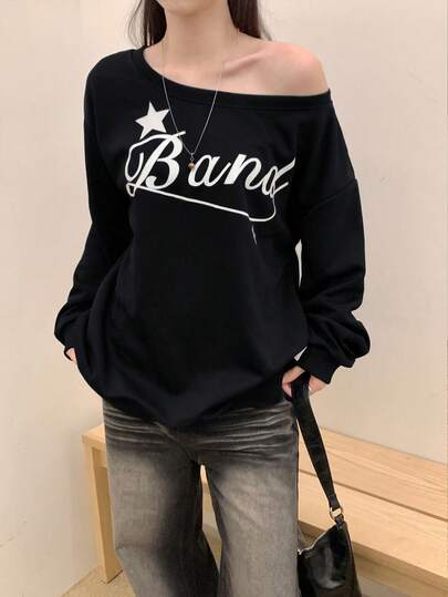 Oversized Oblique Shoulder Sweatshirt, Loose Fit American Letter Print, For Autumn/Winter