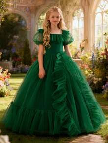 Abito lungo da damigella d'onore in tulle elegante per ragazze pre-adolescenti, adatto per feste di Natale, matrimoni e balli, con maniche corte - Verde - Visualizzare 7