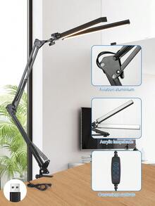 24W LED 雙頭護眼檯燈，無段調光 3 色溫，夾式安裝，長臂 38cm，USB 供電，縫紉建築閱讀燈，適用於辦公桌/電腦桌/圖書館/學校/臥室/書房/實驗室/電腦室/桌面/教室/直播室/成衣室/裁剪室/床頭/網咖/客廳 - 黑色(夾具式安裝) - 查看 7