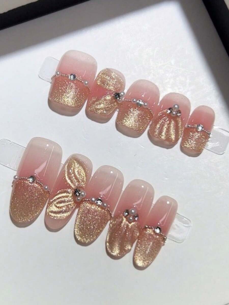 Bộ 10 móng tay giả hình oval thủ công theo phong cách tối giản sang trọng, nổi bật với họa tiết mắt mèo và nàng tiên cá lấp lánh. Trông thanh lịch và tôn lên tông màu da, phù hợp để sử dụng hàng ngày cho nhiều phụ nữ khác nhau và có thể tái sử dụng. - Nhiều màu - Xem 1