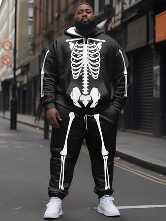 Plus Size Tall Men Halloween Skeleton Print Suit, Halloween Holiday Personalized Style, Winter Suit Promotion, Drawstring Hooded Sweatshirt Set, Fashionable Comfortable Loose Fit Two Pieces Outfit For Spring, Autumn & Winter