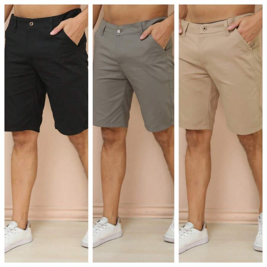 Kit 3 Men's Twill Shorts With Built-In Pocket, Economical, Premium, Without Elastane - preta+chumbo+caqui - Ver 1
