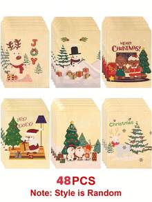 48 pezzi/24 pezzi/12 pezzi Sacchetti di carta kraft natalizi con stampe di alberi di Natale, Babbo Natale ed elefanti, per dolciumi, spuntino e regali di Natale, 6 stili