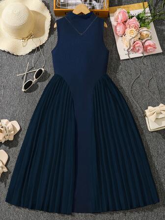 Left Mama Girls' Elegant Stand Collar Sleeveless Pleated Dress, Summer