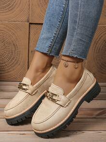 2025 Spring/Autumn New Round Toe Thick Sole Chunky Heel Casual Metal Chain Slip-On Shoes, Suede College Style Flat Shoes For Women - Khaki - View 2