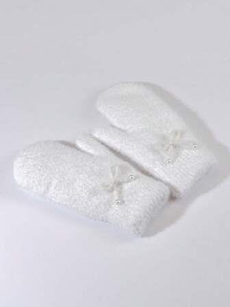 1 双女士纯色兔子保暖内衬双层加厚针织露指手套，适合派对、驾驶、骑自行车、徒步旅行、跑步、寒冷天气保暖