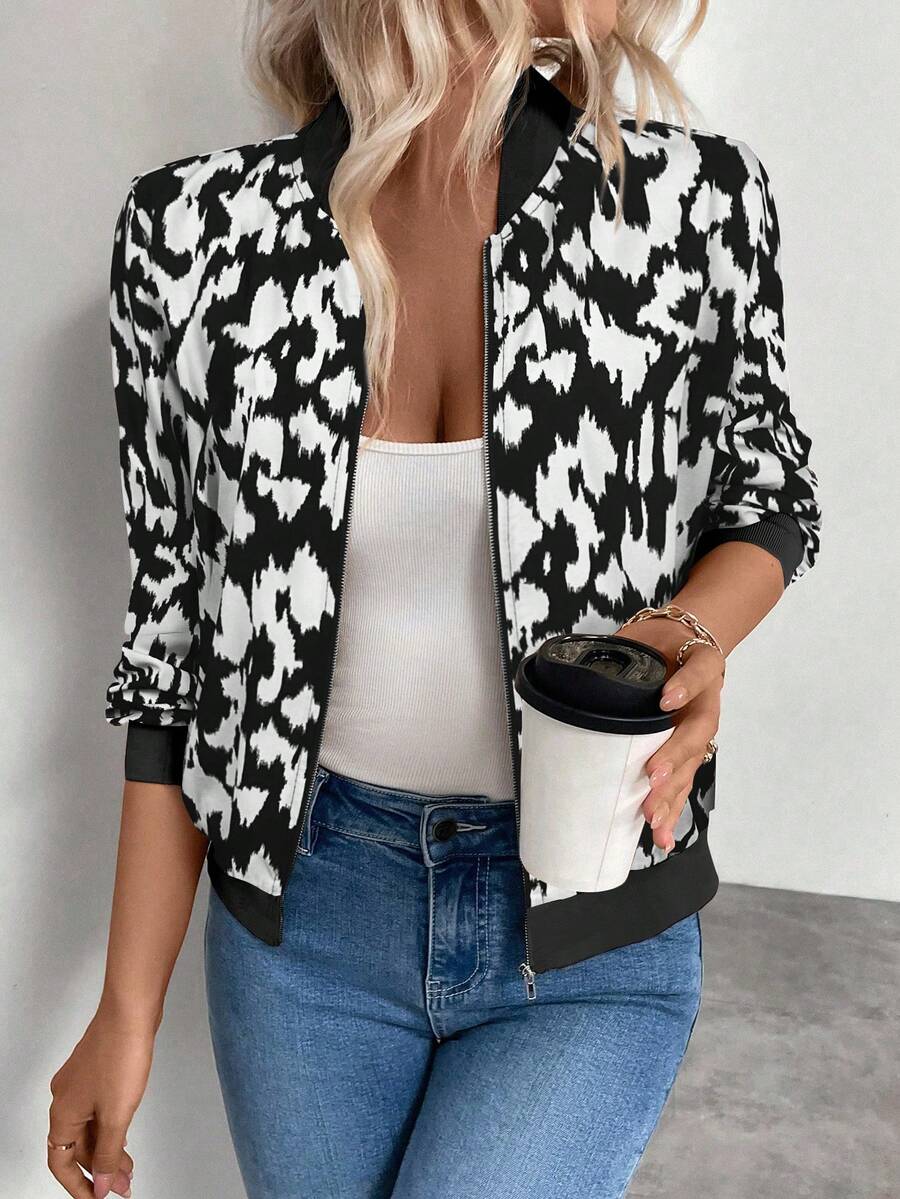 Keke Bloomly 圣诞女款豹纹飞行员夹克，全拉链，棒球领，长袖，常规剪裁，梭织面料，轻便夹克，Fn Trend - 白色 - 查看 1