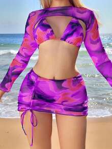Conjunto De Bikini De Varios Piezas Con Estampado Floral,Sujetador Con Cordones Y Bottom Fruncida,Conjunto De Tankini Fruncido Con Cordón Y Estampado Floral,Traje De Baño Separado De Varias 4 Piezas - Morado - Ver 4