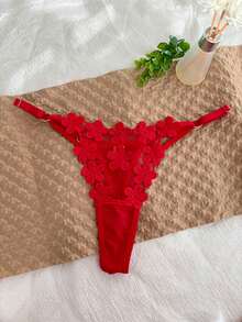 1pc Personalized Name Customized Thong, Crystal Letter Rhinestone Decor Tanga Panty, Floral Embroidery T-Back G-String Lingerie, Seamless - Red - View 5