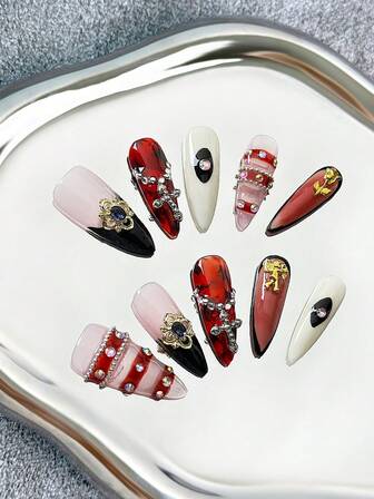 Stilettonaglar Handgjorda press-on-naglar i fransk stil: Flerfärgade nageltippar med strass, blommor, kedjor, lyxiga accessoarer, ombre handmålade kreativa designer, Halloween-tema element, 3D-konst - Heltäckande konstgjorda DIY glittrande lösnaglar (10 st/förpackning)