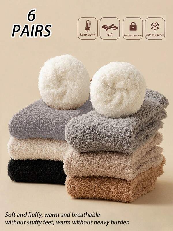 3/6 Pairs Thickened Coral Fleece Mid-Calf Socks, Warm Fuzzy Sleepwear Socks For Home, Maternity, Fits Size 35-43, Autumn/Winter