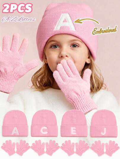 2 件套女孩生日/节日礼物套装，字母刺绣装饰粉色针织帽和配套手套，26 个字母可选，柔软舒适的时尚女孩冬季保暖配饰套装，适合日常、学校、户外使用