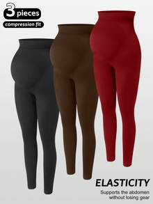 3 件套孕妇无缝高腰弹力纯色紧身裤，适合日常休闲穿着、运动、瑜伽、四季穿着