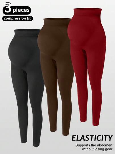 3 件套孕妇无缝高腰弹力纯色紧身裤，适合日常休闲穿着、运动、瑜伽、四季穿着