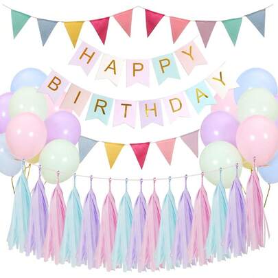 Decoraciones de Cumpleaños Pastel para Niñas y Mujeres, Globos Pastel y Guirnalda de Cumpleaños, Pancarta de Feliz Cumpleaños Macaron y Globos de Látex, Decoraciones de Fiesta de Cumpleaños para Niños en Interiores y Exteriores