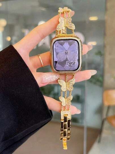 1 قطعة سوار معدني مرصع بالماس متوافق مع ساعة آبل، يضيف لمعانًا لساعتك - متوافق مع سلسلة ساعة آبل 8/7/6/5/4/3/2/1/SE/Ultra - موضة لامعة، مناسب للسيدات مقاس 38مم 40مم 41مم 44مم 45مم 49مم، متوافق مع سوار ساعة آبل Ultra للنساء، سوار مرصع بالماس على شكل فراشة