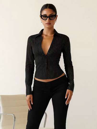 Damen Lässig gestreiftes Langarm Slim Fit Hemd, geeignet für Büro und Pendeln, Frühling/Herbst