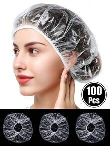 100 Pcs, Universal Large Size, Disposable Shower Caps, Clear, Thickened Waterproof PE Plastic, Elastic Hair Treatment Caps, Professional Spa Salon, Home Hotel Supplies Bulk Set, Deep Conditioning, New Year, Valentine's Day Essential. - White - View 2