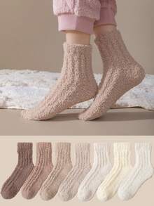 随机1/2/3/5双装女士纯色可爱休闲布艺船袜，加厚保暖舒适室内冬季睡眠袜