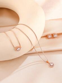 rakol 3 件经典圆形方晶锆石首饰套装 - 女士项链和耳环 - 玫瑰金 - 查看 4