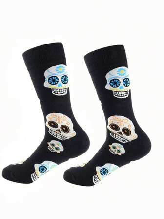 1 Pair Spooky Skeleton Painted Socks, Unique & Mid-Calf Socks For Men & Women, Halloween
